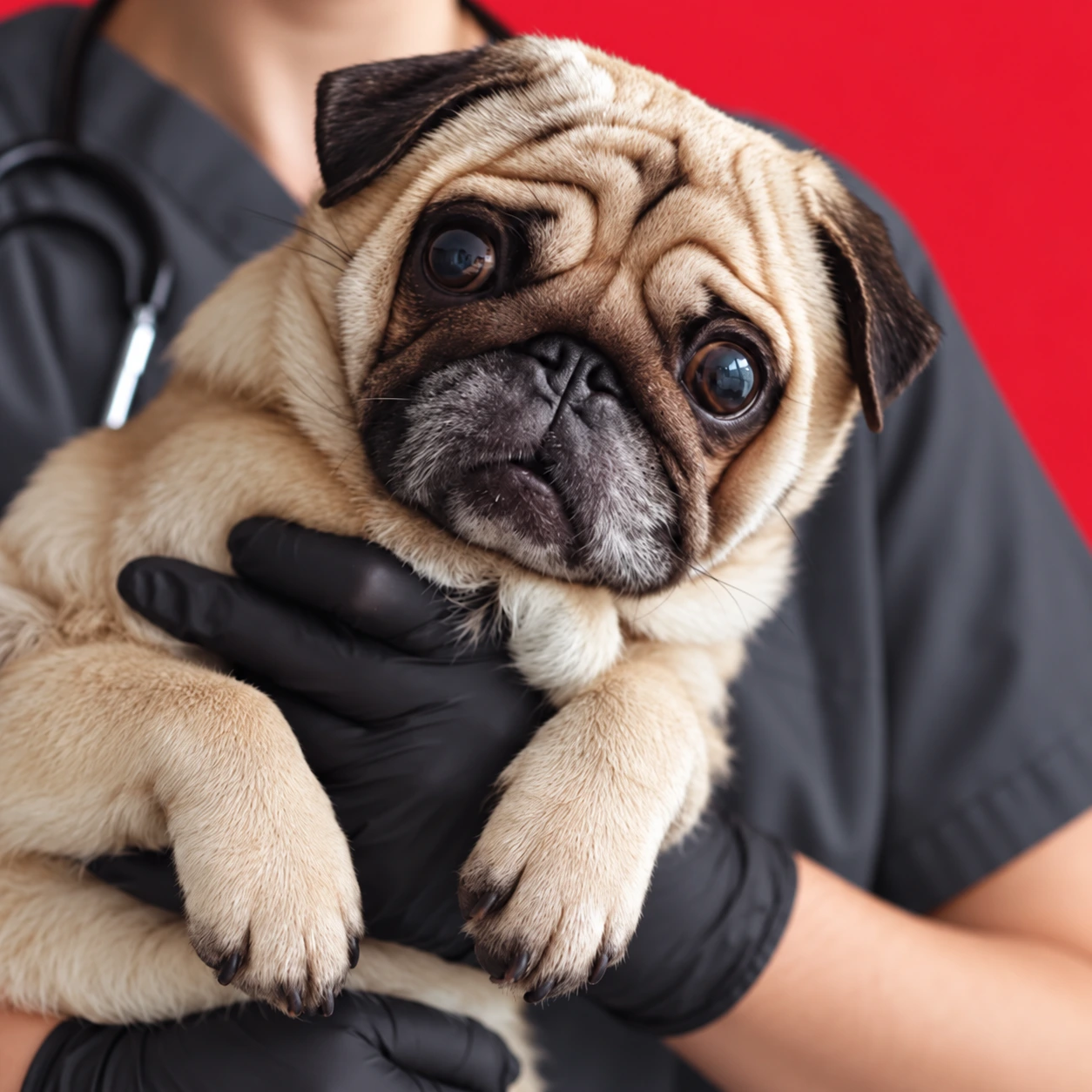 Pug em recuperação no colo da veterinária